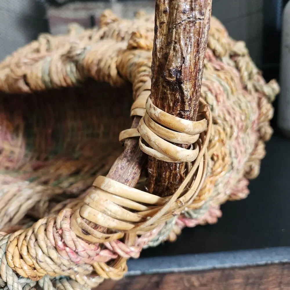 Vintage Rustic Folk Art Driftwood Handle Gathering Basket Large Woven Cottage
